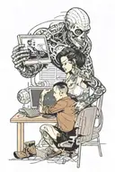 a skinhead software developer coding in his computer and a sexy girl in front of him tattoo design idea