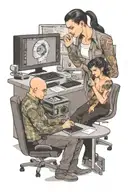 a skinhead software developer coding in his computer and a sexy girl in front of him tattoo design idea