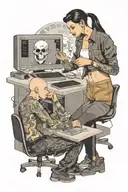 a skinhead software developer coding in his computer and a sexy girl in front of him tattoo design idea