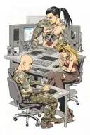 a skinhead software developer coding in his computer and a sexy girl in front of him tattoo design idea
