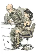 a skinhead software developer sitting in his desk doing some coding in his computer, and a sexy girl sitting with him tattoo design idea