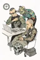a skinhead software developer sitting in his desk doing some coding in his computer, and a sexy girl sitting with him tattoo design idea