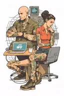 a skinhead software developer coding in his computer, and a sexy girl sitting with him tattoo design idea
