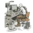 a skinhead software developer with boots coding in his computer in his desk tattoo design idea