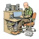 a skinhead software developer with boots coding in his computer in his desk tattoo design idea