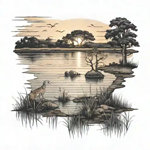 savannah under a sunset at the edge of a lake tattoo design idea