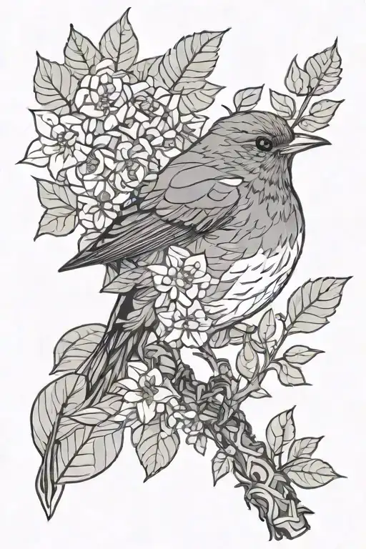 american robin with leafs and flowers intertwined tattoo design idea