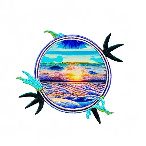 sewed on patch with two palm trees shaped as a heart, ocean waves, a sunset and the names Helen and David tattoo design idea