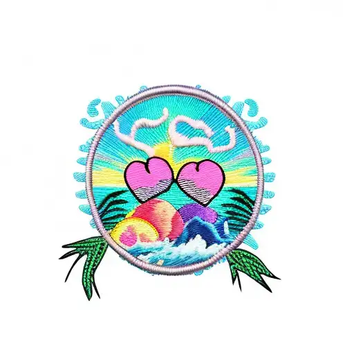 sewed on patch with two palm trees shaped as a heart, ocean waves, a sunset and the names Helen and David tattoo design idea