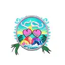 sewed on patch with two palm trees shaped as a heart, ocean waves, a sunset and the names Helen and David tattoo design idea