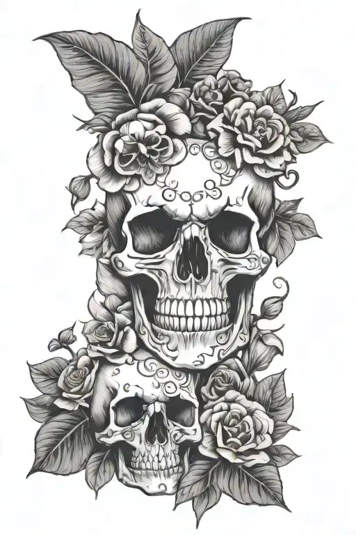 skull floral and mushrooms tattoo design idea