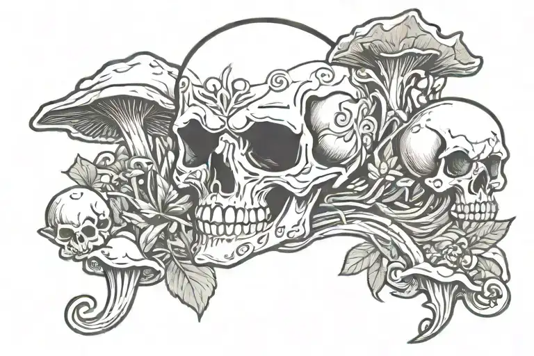 skull and mushrooms tattoo design idea