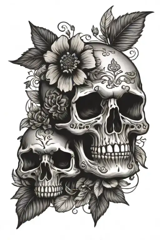 skull floral and mushrooms tattoo design idea