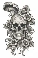 skull floral and mushrooms tattoo design idea