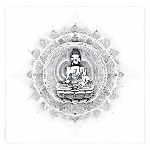 meditating buddha over 7 chakras mandala moebius style tattoo design idea