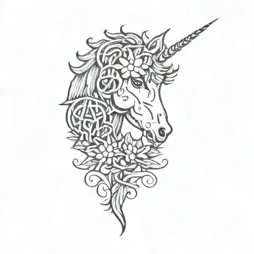 a unicorn surrounded by celtic knots with scottish thistle flowers near the neck tattoo design idea