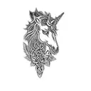 a unicorn surrounded by celtic knots with scottish thistle flowers near the neck tattoo design idea