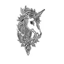 a unicorn surrounded by celtic knots with scottish thistle flowers near the neck tattoo design idea