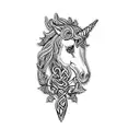 a unicorn surrounded by celtic knots with scottish thistle flowers near the neck tattoo design idea