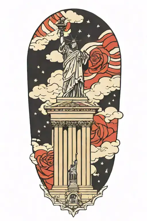 A detailed tattoo of the Brandenburg Gate and the Statue of Liberty merging together, symbolizing the client's love for both Germany and America tattoo design idea