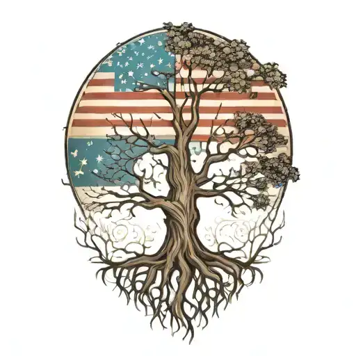 Create a tattoo of a tree with roots shaped like the USA and branches like the German flag, showcasing your dual heritage tattoo design idea