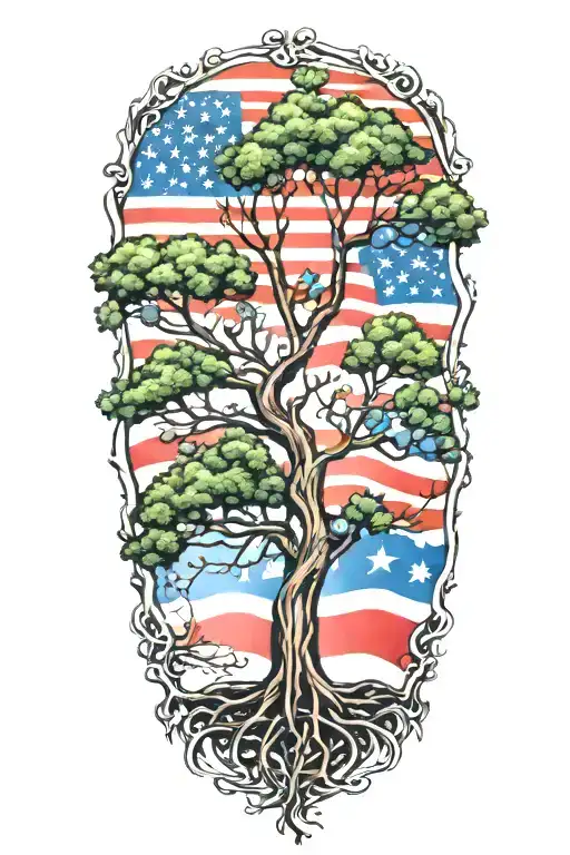 Create a tattoo of a tree with roots shaped like the USA and branches like the German flag, showcasing your dual heritage tattoo design idea