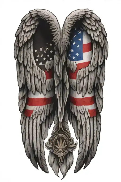 A tattoo of a German and American flag morphing into a pair of angel wings, symbolizing the client's pride in their heritage and service tattoo design idea