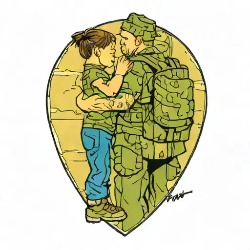A heartwarming tattoo of a soldier reunited with their children, capturing the emotional bond between a veteran and their family tattoo design idea