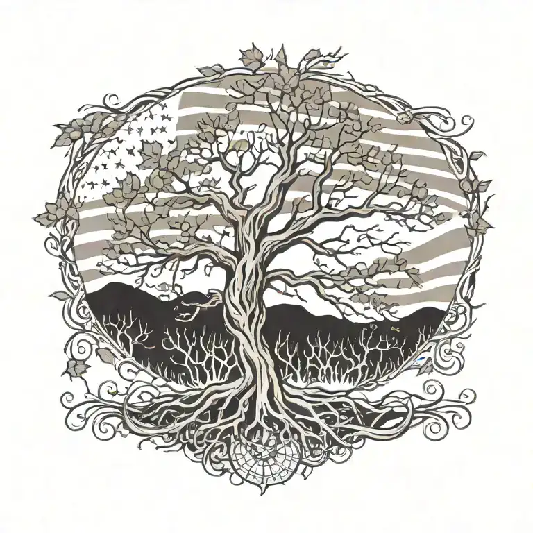 Create a tattoo of a tree with roots shaped like the USA and branches like the German flag, showcasing your dual heritage tattoo design idea