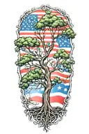 Create a tattoo of a tree with roots shaped like the USA and branches like the German flag, showcasing your dual heritage tattoo design idea