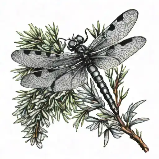 A dragonfly perched and surrounded by rosemary branches tattoo design idea