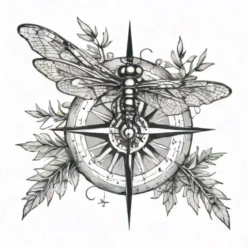 A compass rose with a dragonfly perched on top, surrounded by rosemary branches tattoo design idea