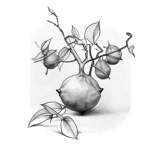 vertical height etching style lemons on vines tattoo design idea