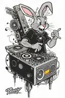 Bugs Bunny as a DJ spinning tunes with a crowd of tiny bugs dancing around him tattoo design idea