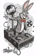 Bugs Bunny as a DJ spinning tunes with a crowd of tiny bugs dancing around him tattoo design idea