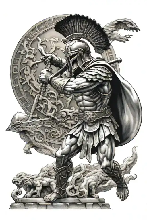 A Spartan warrior battling a mythical creature from Greek mythology tattoo design idea