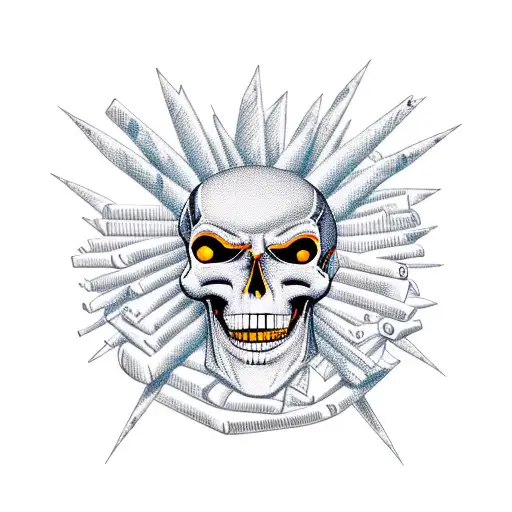 A theater mask made of books, with flames and skulls in the background tattoo design idea