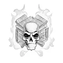 A theater mask made of books, with flames and skulls in the background tattoo design idea