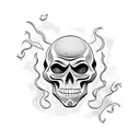 A theater mask made of books, with flames and skulls in the background tattoo design idea