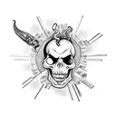 A theater mask made of books, with flames and skulls in the background tattoo design idea