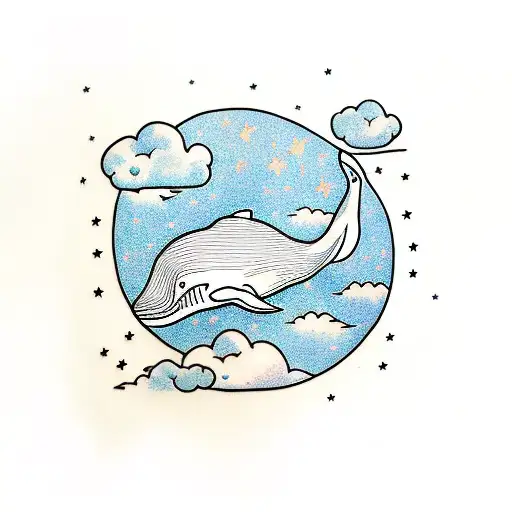 whale, cloud, island on back, plants, sky, stars tattoo design idea