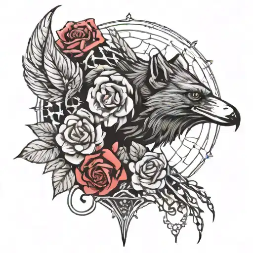 Crow, Wolf and Roses with thorns tattoo design idea