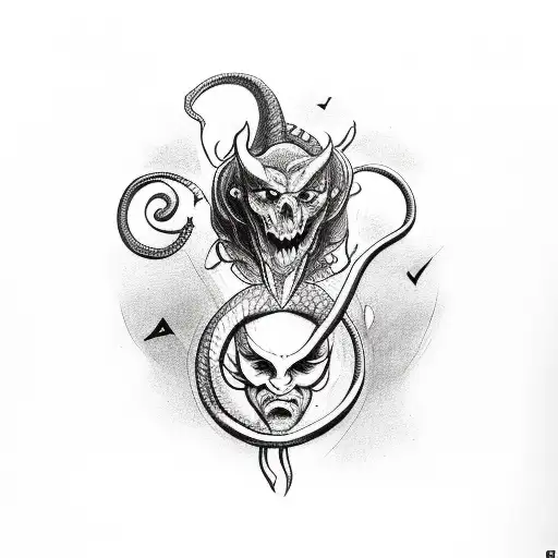 right arm tattoo, girl on shoulder, under we can see devil face, under - snake, under - knife tattoo design idea