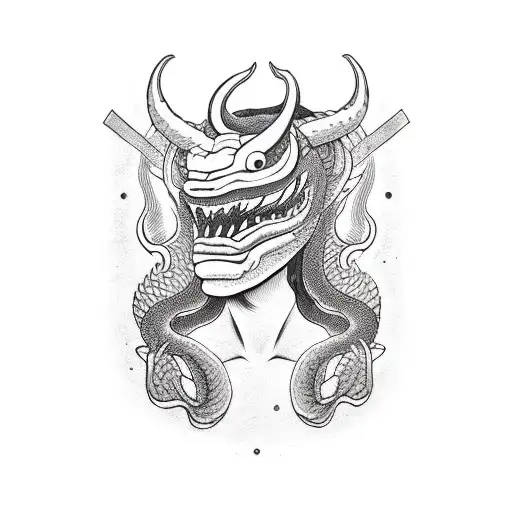Girl face, devil mask, snake, knife tattoo design idea