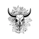 bull skull with cross on the skull and floral wine wreath around the skull tattoo design idea