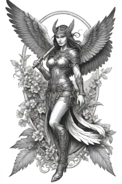 sexy Valkyrie with Wings holdin her sword in the background is the tree of life tattoo design idea