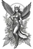 sexy Valkyrie with Wings holdin her sword in the background is the tree of life tattoo design idea