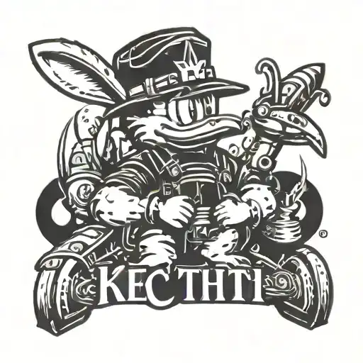 the word Keith with a hard hat, Donald ducks hat and rabbit behind it tattoo design idea