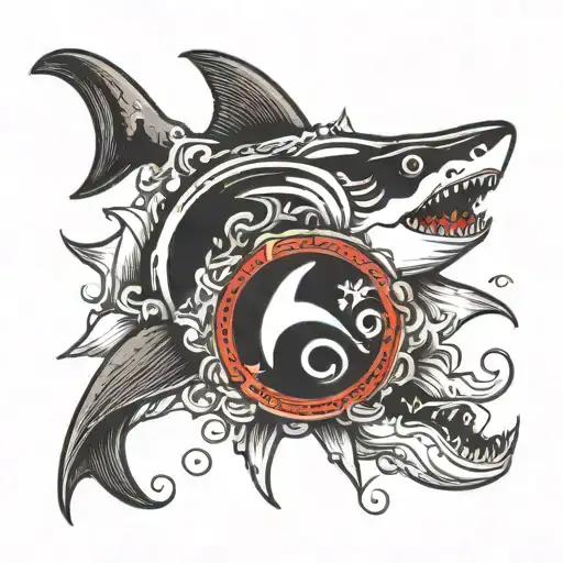a Ring at my arm consiting a shark, the meaning of ying an yang, discliplin equals freedom. tattoo design idea