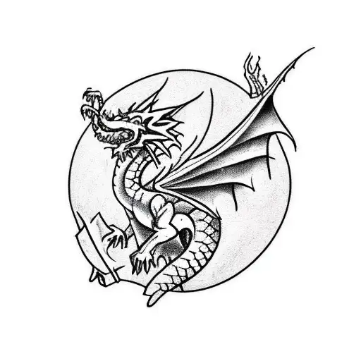 A majestic dragon wrapping around a medieval castle tattoo design idea
